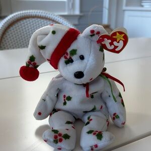 Ty Beanie Baby with Festive Red and Green Holly- 1998 Holiday Teddy
